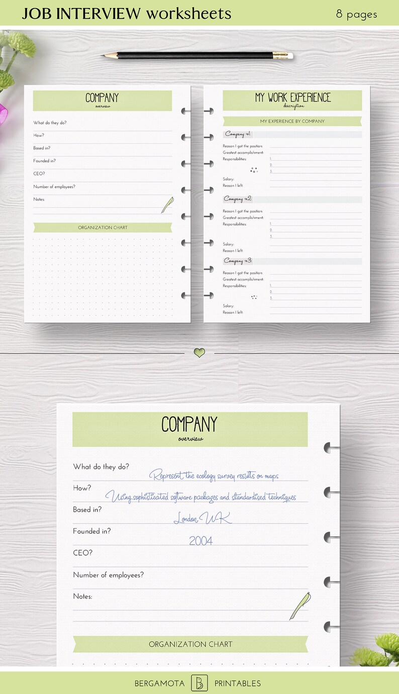 JOB INTERVIEW worksheets 8 printable planner pages Happy | Etsy
