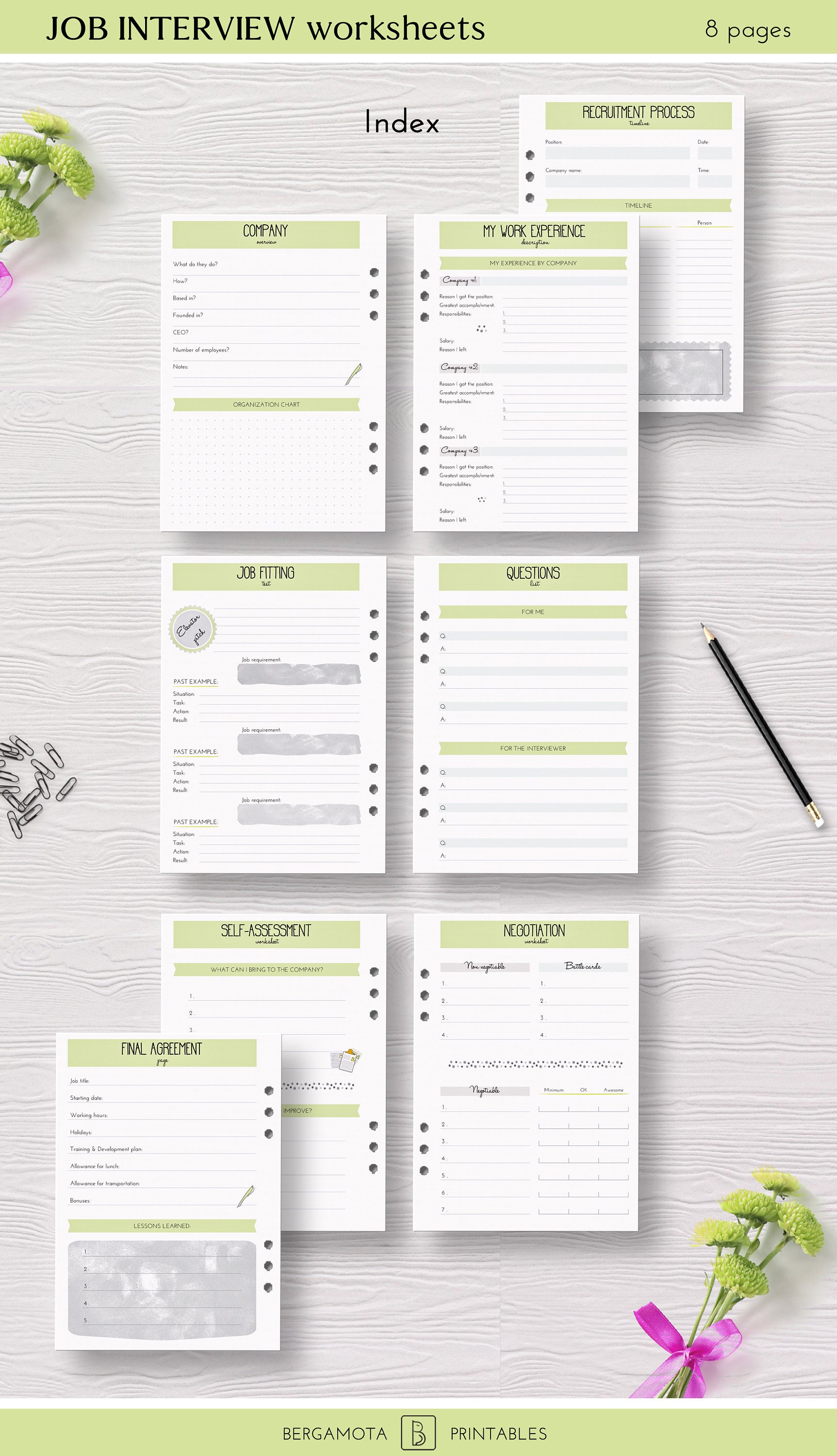 JOB INTERVIEW worksheets 8 printable planner pages A5 | Etsy