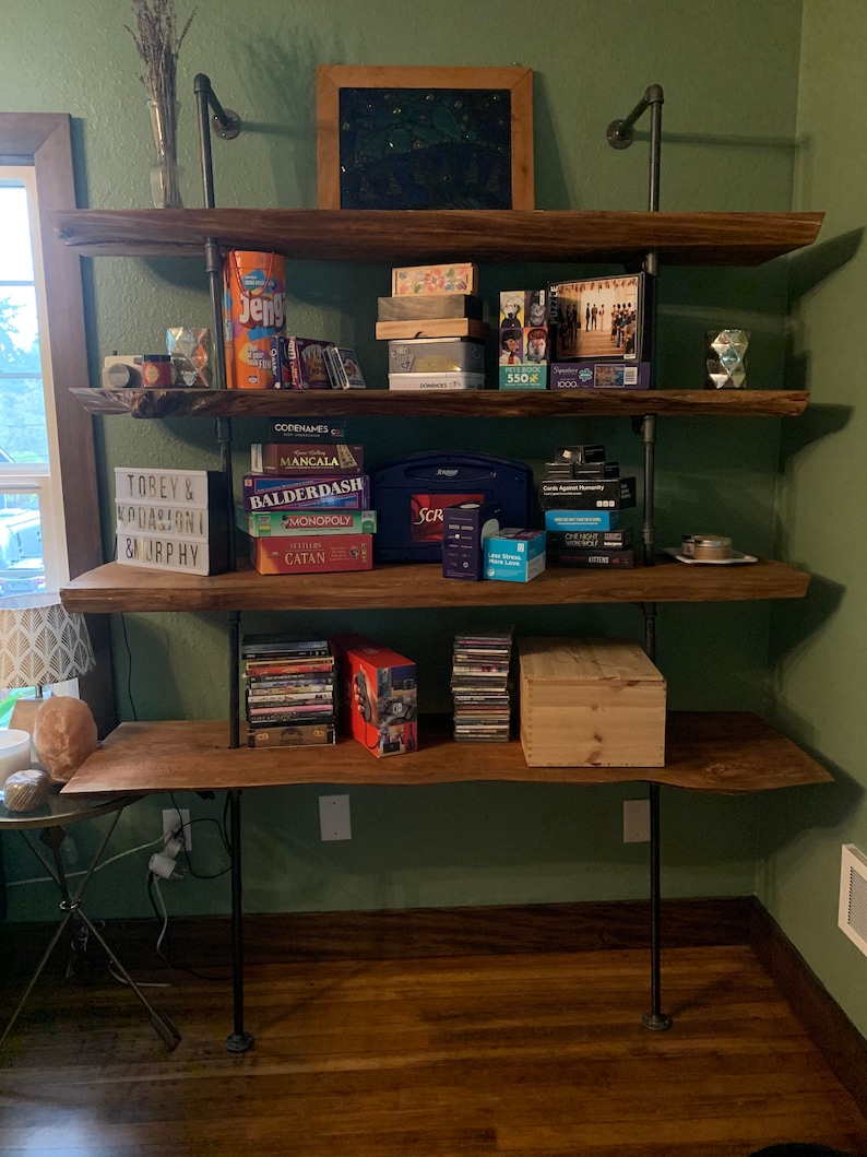 Live Edge Wood Slab Industrial Pipe Shelves Etsy