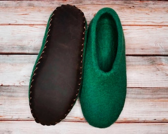 Wool Felted Slippers: Warm Green House Shoes with Leather Sole