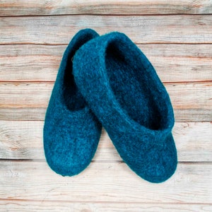 Wool Felt Slippers Blue Warm Slippers Eco House Slippers Natural Organic Home Shoes With Sole image 3