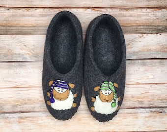 Wool Felted Slippers Winter Warm Slippers Men Sheep Slippers Gray House Slippers Natural Organic Home Shoes