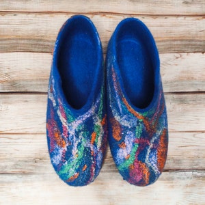 Wool Felted Slippers Blue Winter Slippers Warm Natural Slippers Eco Woman House Slippers Organic Home Shoes