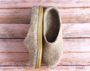 Wool Felted Slippers: Men's Warm Gray Home Shoes with Leather Sole
