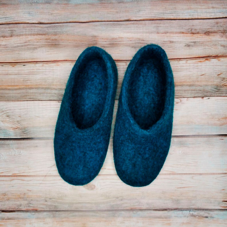 Wool Felt Slippers Blue Warm Slippers Eco House Slippers Natural Organic Home Shoes With Sole image 1