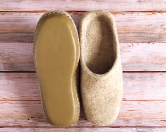 Felted Wool House Slippers: Beige Eco Home Shoes with Leather Sole