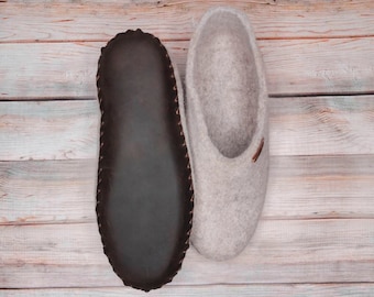 Beige Wool Slippers Felted Winter Home Shoes Warm Eco House Slippers Organic Natural Slippers with Sole