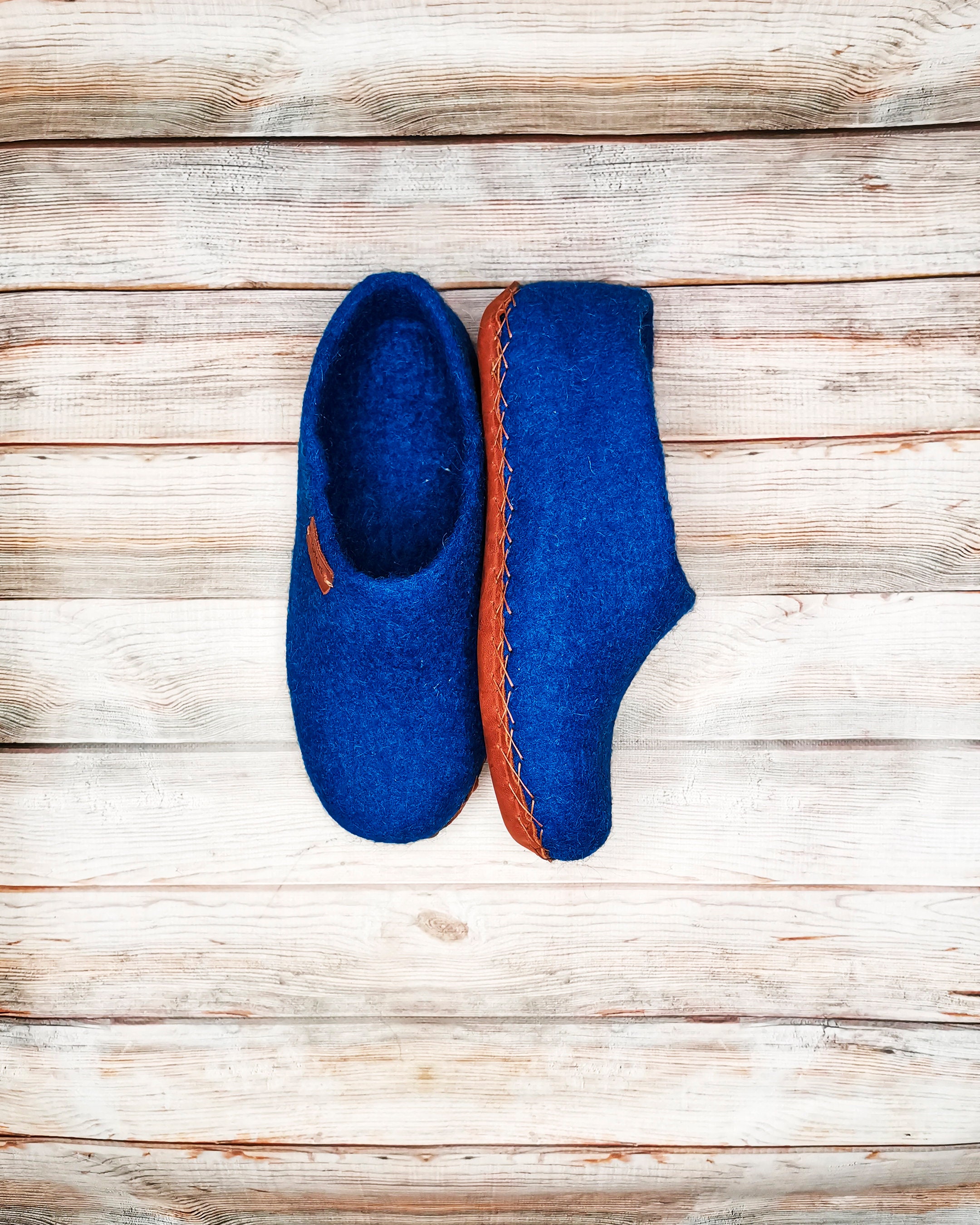 Vtg Slippers Wool Felt Blue Men 9 Made in USA Sherpa Lined House Shoes Unisex‎ Sherpa Slippers cosmetic blemishes – US Sherpa main image 2