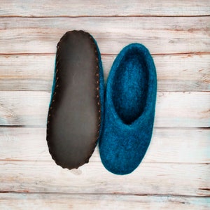 Wool Felt Slippers Blue Warm Slippers Eco House Slippers Natural Organic Home Shoes With Sole image 4