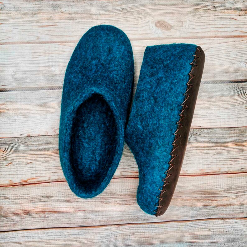 Wool Felt Slippers Blue Warm Slippers Eco House Slippers Natural Organic Home Shoes With Sole image 2