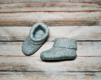 Wool Felt Boot Slippers with Sole Kids Gray Slippers Baby Tall Slippers Eco Natural House Slippers Children Home Shoes