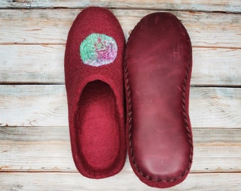 Felted Wool Slippers: Women's Warm House Shoes with Leather Soles