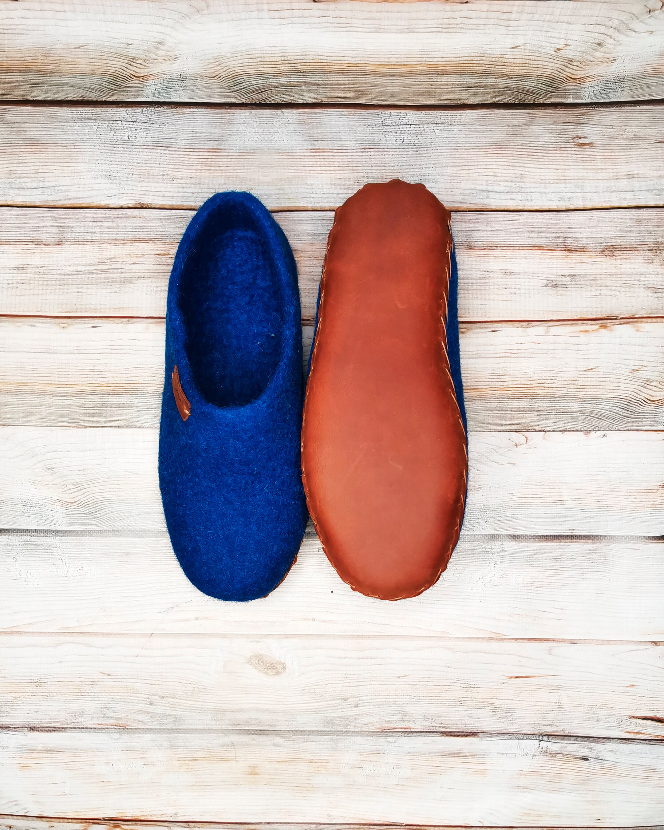 Vtg Slippers Wool Felt Blue Men 9 Made in USA Sherpa Lined House Shoes Unisex‎ Fair Trade Handmade Eco Felt Mule Slippers Suede Sole - Etsy main image 3