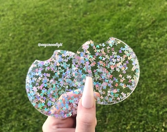 Car Coasters Set/Pair That Will Fit Car Properly Glitter Car Coasters | 2.8” & 2.5”! You Pick Proper Size. Butterflies + More!