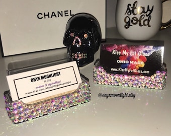 Business Card Display & Holder for Desk Rhinestoned w Crystals Iridescent