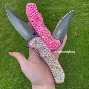 LIMITED EDITION 2025 Pink Steel Blade Pocket Knife w/ Crystals | Bling Knife | Rhinestone Pocket Knife! Camping, Outdoor, Daily Use.