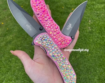 LIMITED EDITION 2026 Pink Steel Blade Pocket Knife w/ Crystals | Bling Knife | Rhinestone Pocket Knife! Camping, Outdoor, Daily Use.