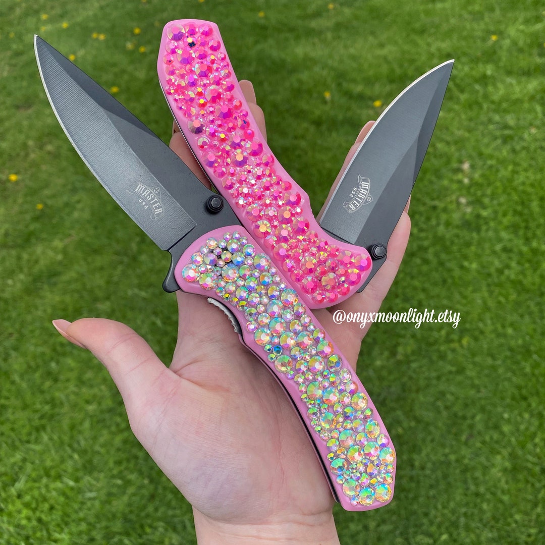 Pink Steel Blade Pocket Knife W/ Crystals Bling Knife Pocket Knife