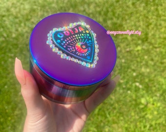 Ouija Heart - Huge XXL 3inch Rainbow Chrome Crystal Bling Grinder - Stainless Steel, FREE SHIPPING