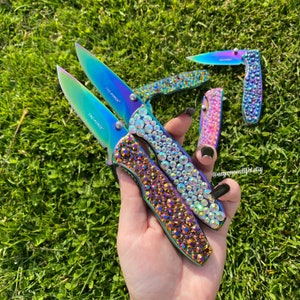 Rainbow Chrome Holo Iridescent Pocket Knife w/ Crystals | Bling Knife | Pocket Knife for Women or Men!