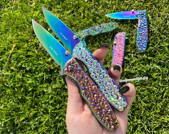 Rainbow Chrome Holo Iridescent Pocket Knife w/ Crystals | Bling Knife | Pocket Knife for Women or Men!