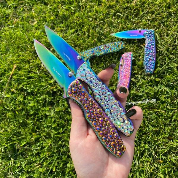 Rainbow Chrome Holo Iridescent Pocket Knife w/ Crystals | Bling Knife | Pocket Knife for Women or Men!