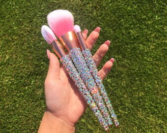 Set of 3 VEGAN Rose Gold w/ Iridescent Crystal Makeup Brushes