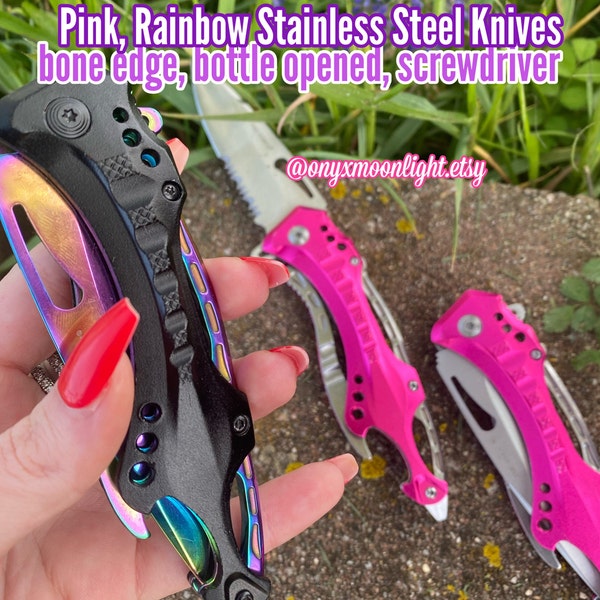 Rainbow & Pink Steel Pocket Knife w/ Bone Edge, Bottle Opener, Screwdriver | Unisex Pocket Knife! Camping, Outdoor, Daily Use.