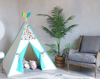 Kids Teepee Tent. Dog Lovers Ivory Turquoise Play tent Kids tipi Boys teepee Children teepee Large teepee Playhouse