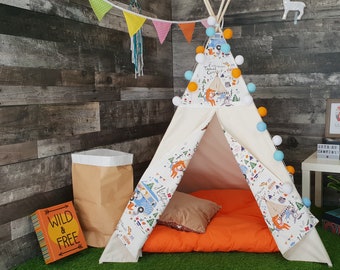 Kids Teepee Tent Happy Campers Fox Bear Owl Koala Floor Mat Play tent Kids tipi Girls teepee Children teepee Large teepee Playhouse