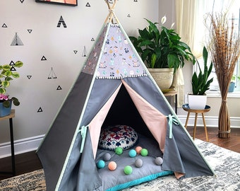 Kids Teepee Tent Grey Peach Mint with Pompoms Fox Deer Racoon Feathers Boho Girls' fort Play Kids tipi Children Large teepee Playhouse