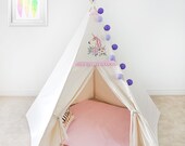 Kids Teepee Tent Big Unicorn Pink Frills Ivory Boho Chic Floor Mat Play tent Kids tipi Girls teepee Children teepee Large teepee Playhouse