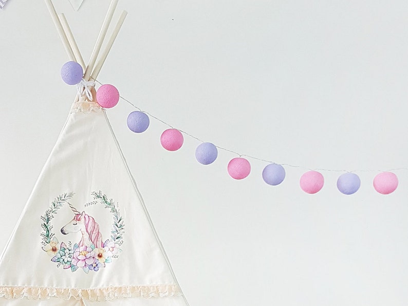 fairy lights garland home decor lighting nursery decor lamps birthday gift wedding gift boho Pink /& Lavender Cotton ball string lights