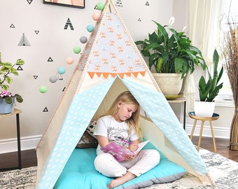 Kids Teepee Tent Foxes Orange Blue Arrow Bunting Flag with Window Decor fort Play Kids tipi Girls Boys Children Large Gift Playhouse