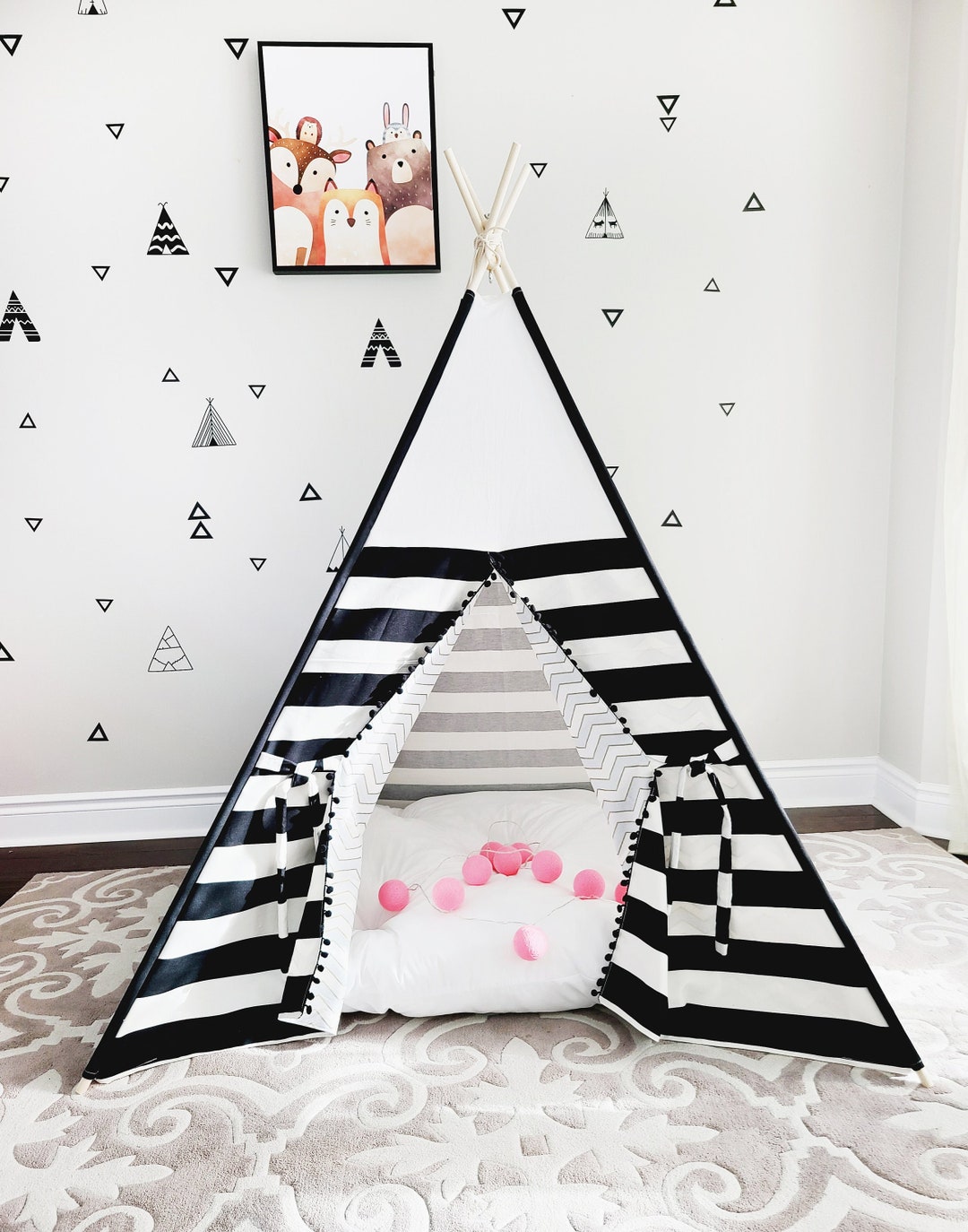 Black and White Combo Gold Blue Zigzag Black Pompoms Play Teepee Tent