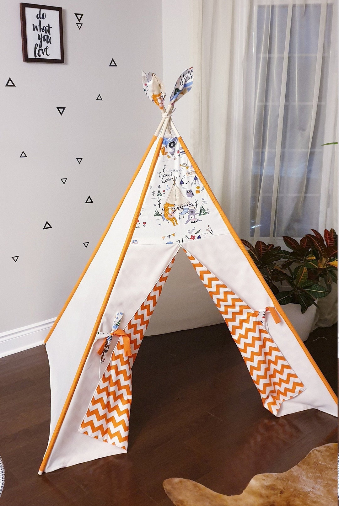 Kids Teepee Tent Happy Campers Fox Owl Koala Orange Zig Zag Chevron