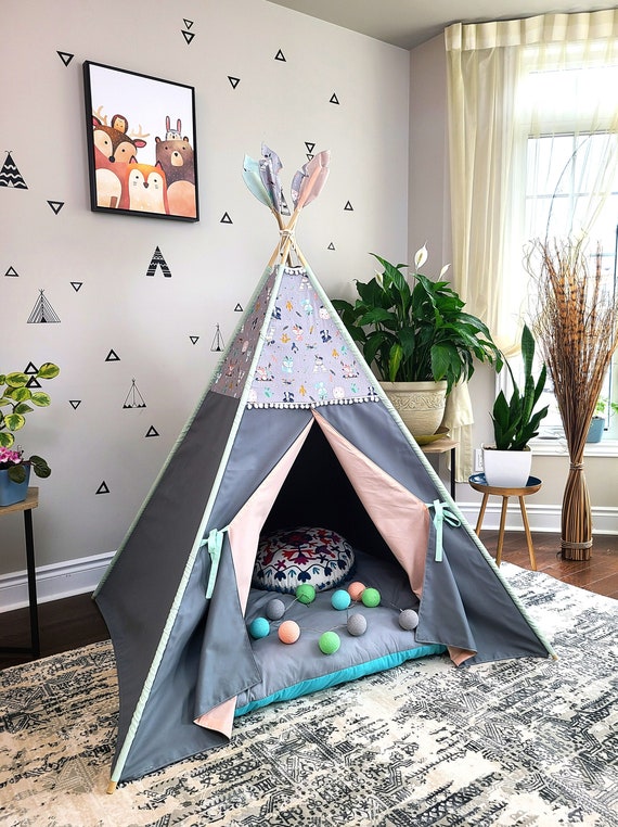 Kids Teepee Tent Grey Peach Mint With Pompoms Fox Deer Racoon Feathers Boho Girls Fort Play Kids Tipi Children Large Teepee Playhouse Etsy Canada