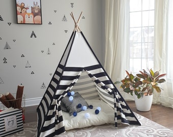 Black White stripes combo Outside pole's Sleeves Kids Teepee Tent Floor Mat Play tent Kids tipi Girls teepee Children teepee Large Playhouse