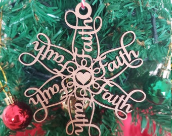 Set of 3: Faith, Love and Hope Flakes Ornaments with Heart in the center