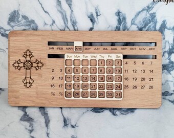 Perpetual wooden desk calendar - Religious Cross