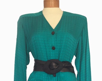 1980s Liz Claiborne Dress - Vintage Teal Silk Dress -Buttons and Pockets for the Pick Up Artist - Size 6 Dress