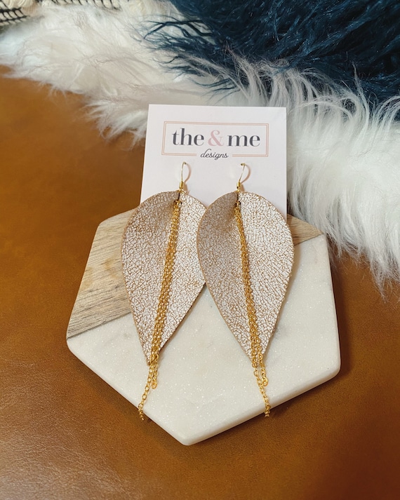 Pinched Petal Earrings, Genuine Leather, Weathered White Leather