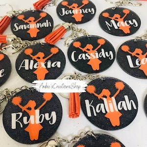 Personalized Cheerleader Keychain: Glitter Cheer Team Megaphone Bag Tag
