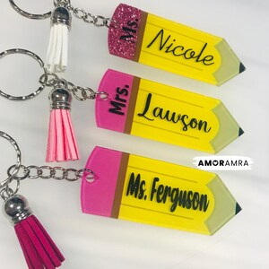 Personalized Teacher Pencil Keychain: Acrylic Name Tag with Tassel