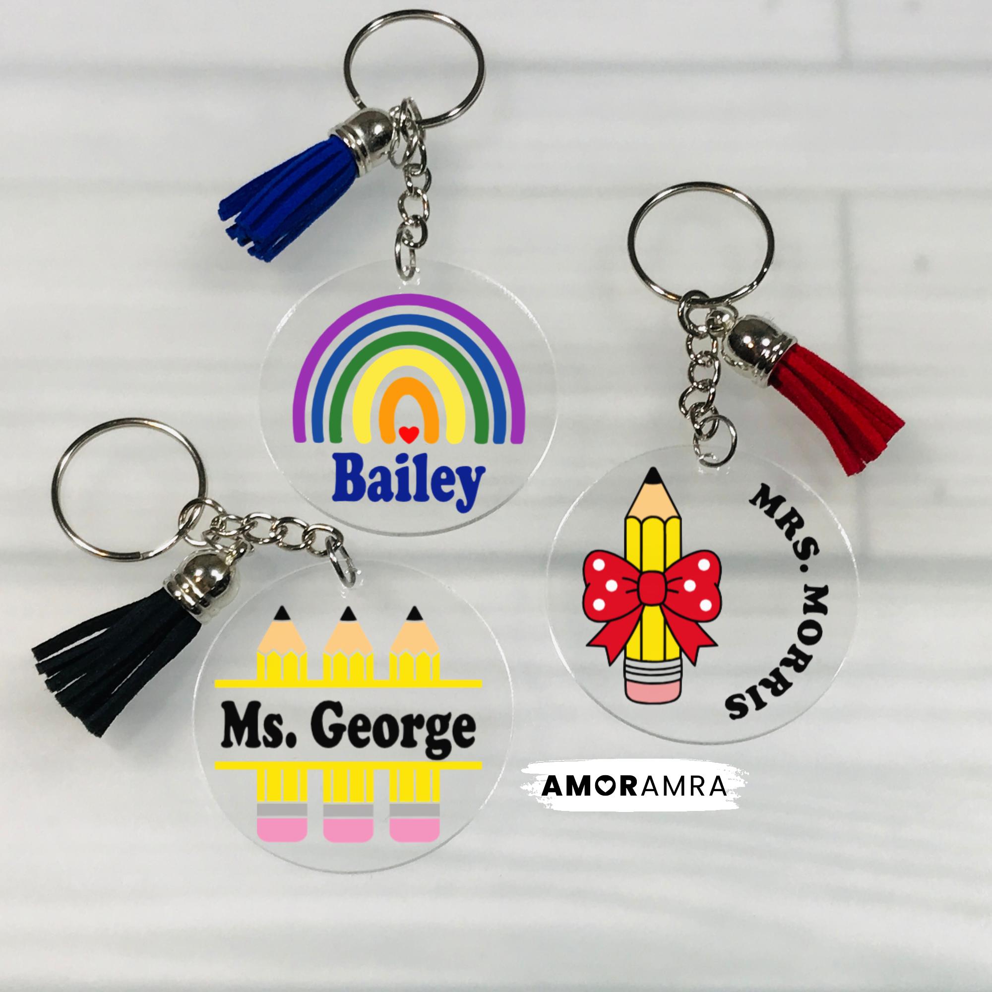 Personalized Teacher Keychain: Acrylic Apple, Pencil, School Bus for…