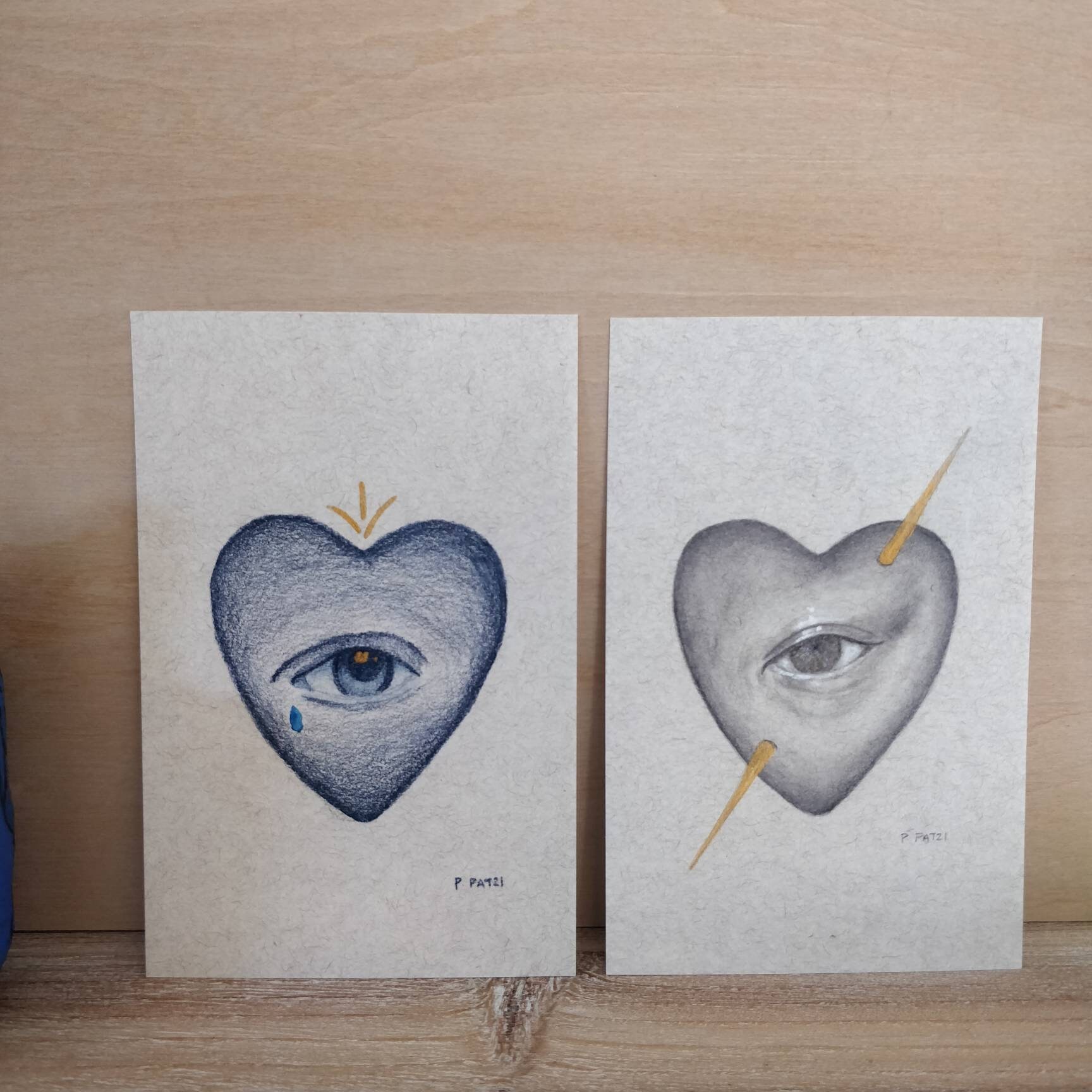 Blue Heart Crying Eye Original Hand Drawing Gold Gouache Etsy