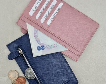 Personalised Leather Card Holder with Zip pocket. Wallet, Credit Card Holder.