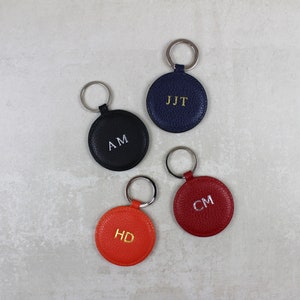 Personalised Textured Nappa Leather Round Keyring | Fob for Bag or Keys, Genuine Leather, Monogram Initials, Birthday