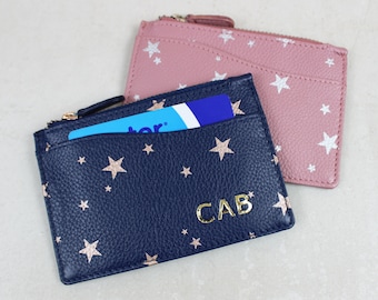 Personalised Star Print Leather Card & Keys Purse | Zipped Purse, Essentials, Genuine Leather, Monogram Initials