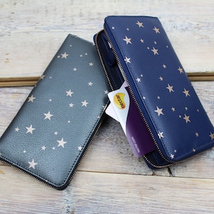 Monedero o billetera clásica de cuero con cremallera y estampado de estrellas personalizado, tarjetero, regalos para ella, cuero genuino
